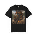 Bigfoot Riding Train Shirt, Vintage Locomotive Sasquatch T-Shirt, Funny Cryptozoology Graphic Tee, Outdoor Adventure Gift for Him