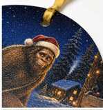 Funny Santa Bigfoot Carrying Christmas Tree Ornament, Sasquatch Holiday Decor, Double Sided, Textured