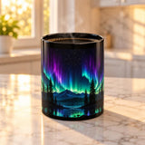 Bigfoot Northern Lights Mug, Sasquatch Aurora Borealis Coffee Cup, Nature Lover Gift, Cryptid Forest Drinkware, Outdoor Hiker Ceramic Mug