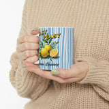 Easy Peasy Lemon Squeezy Mug | Lemon Illustration, Blue Striped Background