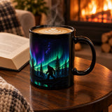 Bigfoot Northern Lights Mug, Sasquatch Aurora Borealis Coffee Cup, Nature Lover Gift, Cryptid Forest Drinkware, Outdoor Hiker Ceramic Mug