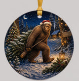 Funny Santa Bigfoot Carrying Christmas Tree Ornament, Sasquatch Holiday Decor, Double Sided, Textured