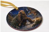Funny Santa Bigfoot Carrying Christmas Tree Ornament, Sasquatch Holiday Decor, Double Sided, Textured