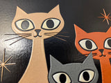 Mid Century Modern Cat Keepsake Box | Textured Tile Lid, Black Wooden Storage (7x7")