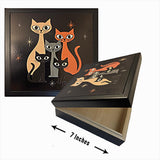Mid Century Modern Cat Keepsake Box | Textured Tile Lid, Black Wooden Storage (7x7")